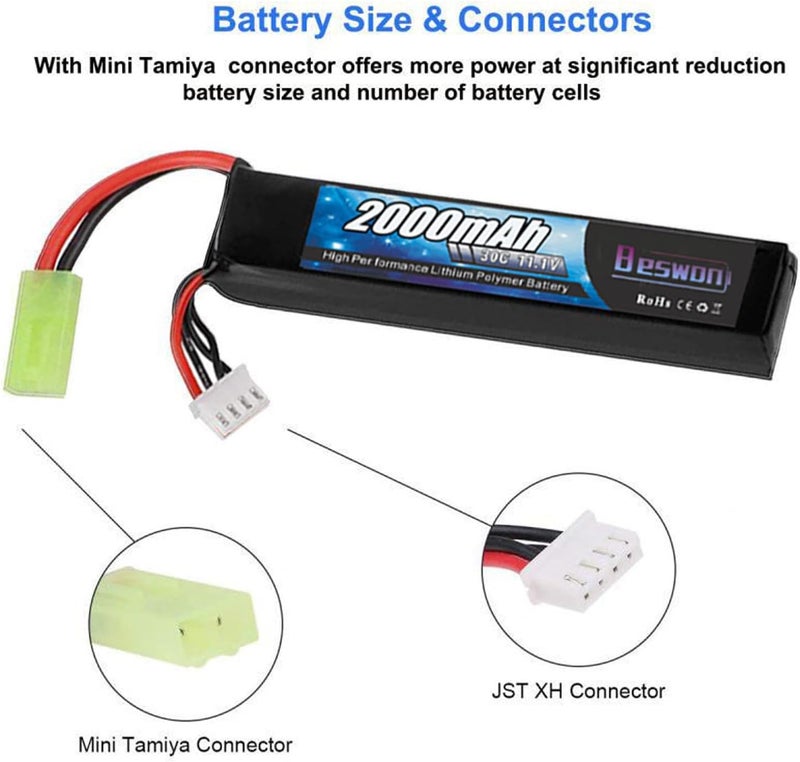 BESWON 2 Packs 11.1V Airsoft Battery 2000mAh 30C Rechargeable Lipo Battery Pack with 2S-3S Balance Charger for Airsoft Guns Rifle - Image 2